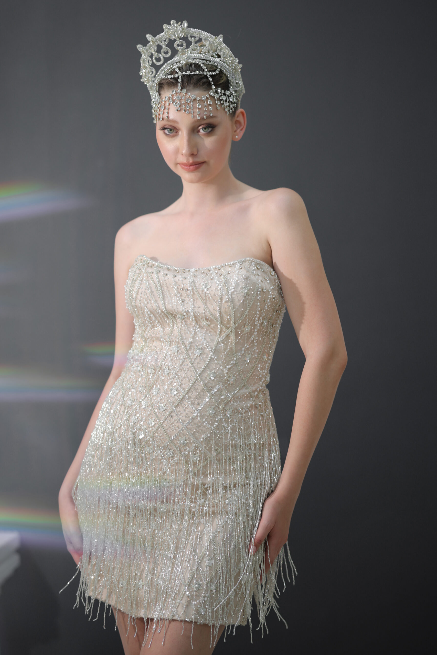 Amadia Bej Taş İşlemeli Mini After Party Elbisesi - Görsel 3