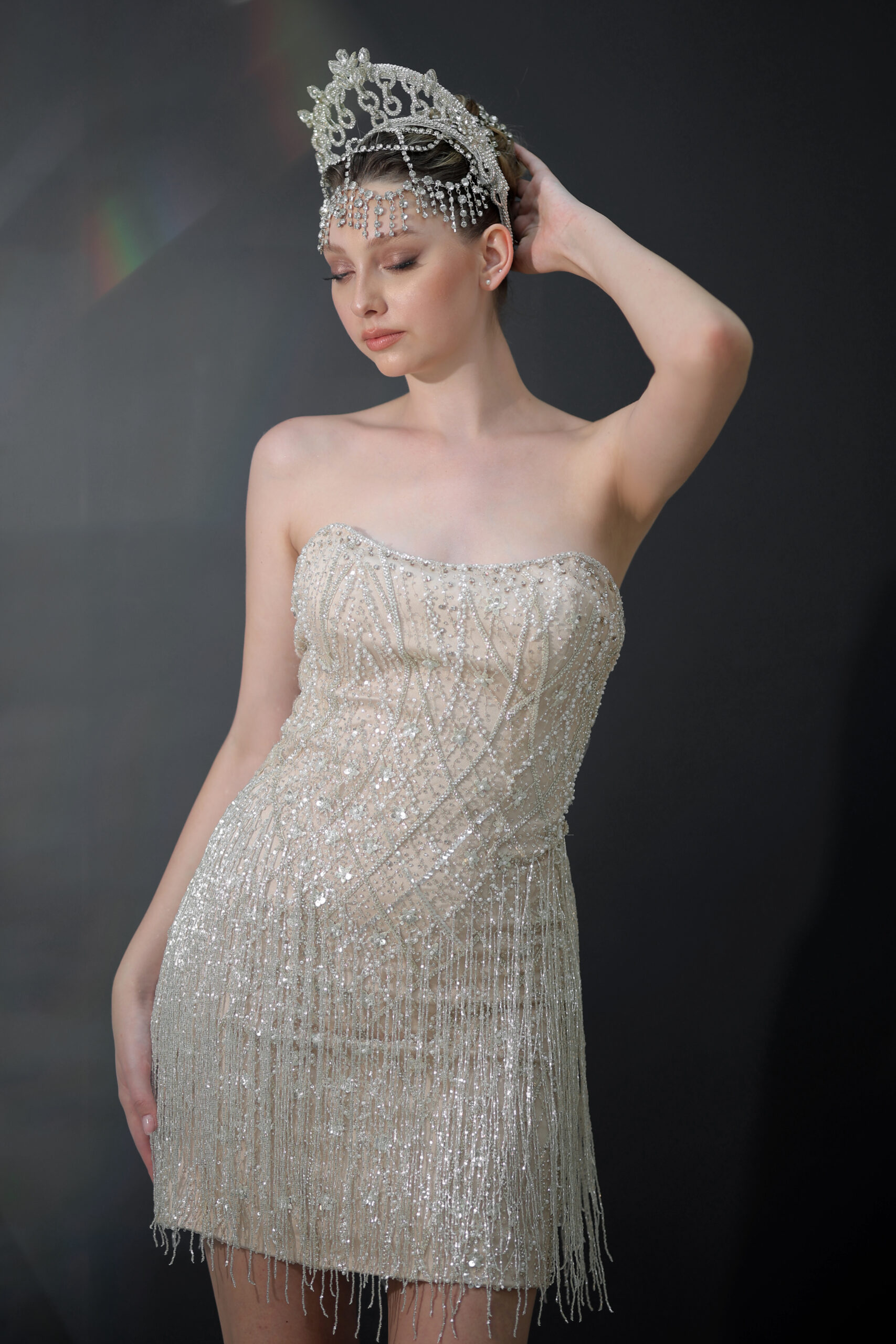 Amadia Bej Taş İşlemeli Mini After Party Elbisesi - Görsel 14