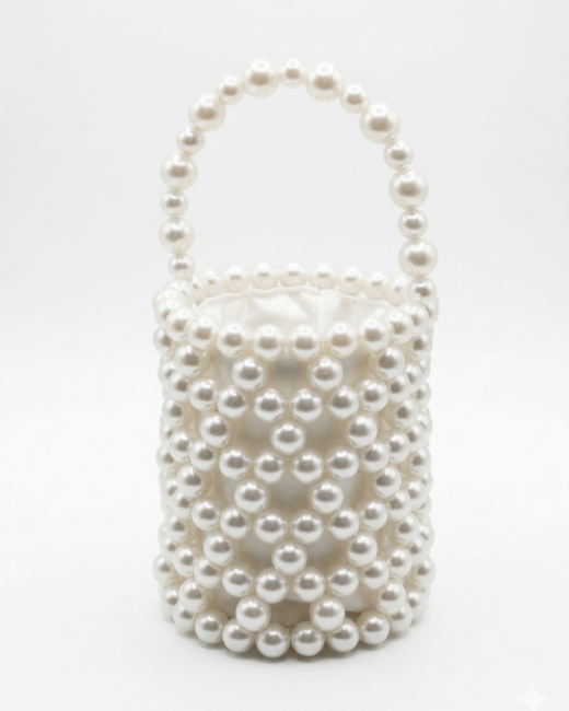 Alternative view of El Yapımı İnci Kova Çanta - Saten Astarlı Silindir Gelin ve Abiye Çantası