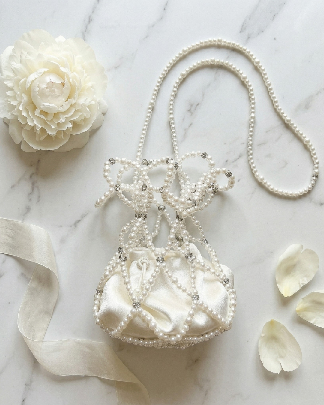 El Yapımı İnci ve Kristal Ağ Çanta - Büzgülü Saten Abiye ve Gelin Çantası