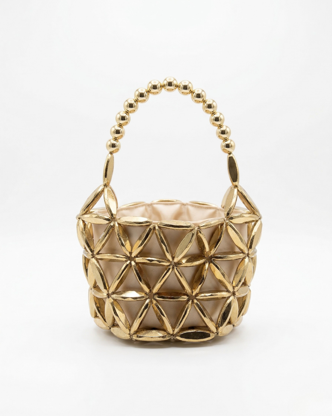 El Yapımı Gold Boncuklu Sepet Çanta - Geometrik Kafesli Saten Astarlı Abiye Çanta