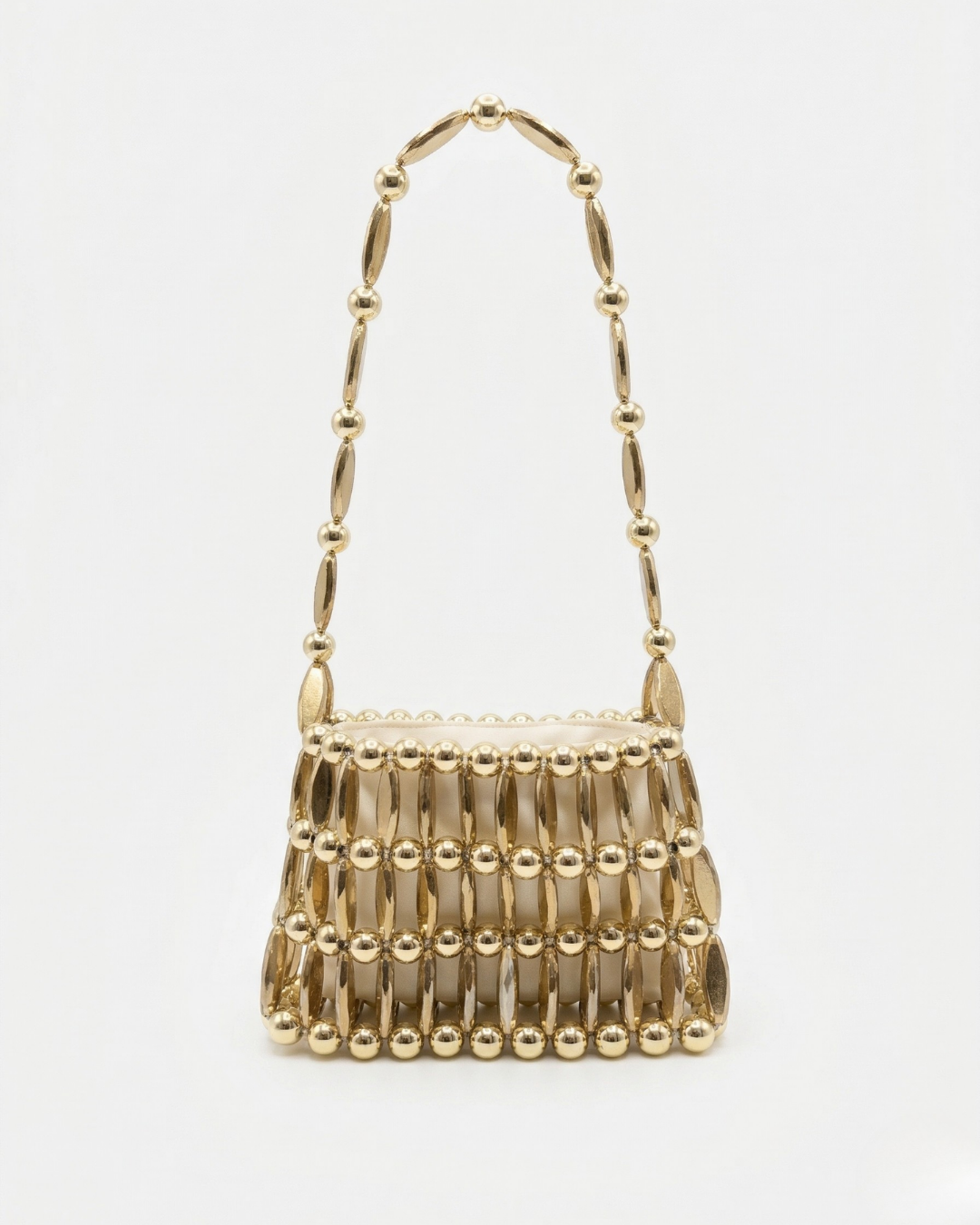 El Yapımı Gold Boncuklu Kafes Çanta - Saten Astarlı Vintage Abiye Omuz Çantası - Görsel 5