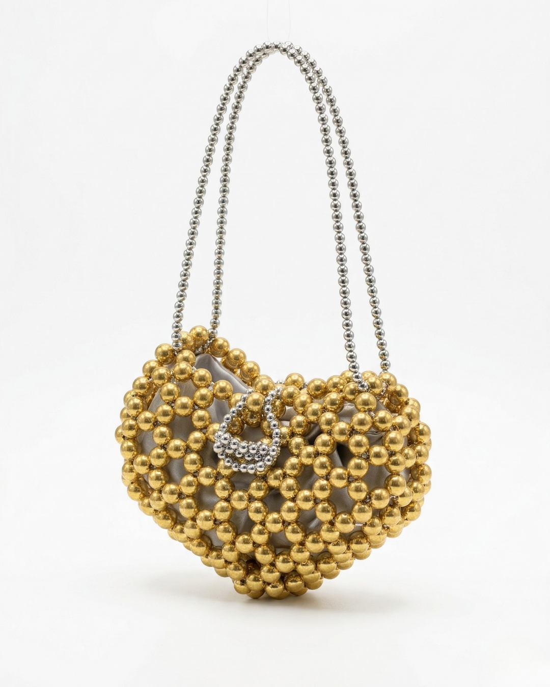 El Yapımı Gold ve Gümüş Boncuklu Kalp Çanta - Saten Astarlı Abiye Çapraz Çanta