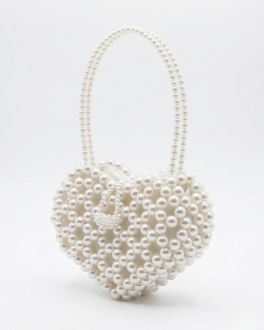 Kalp Şeklinde El Yapımı İnci Boncuklu Çanta - Gelin ve Nikah Çantası