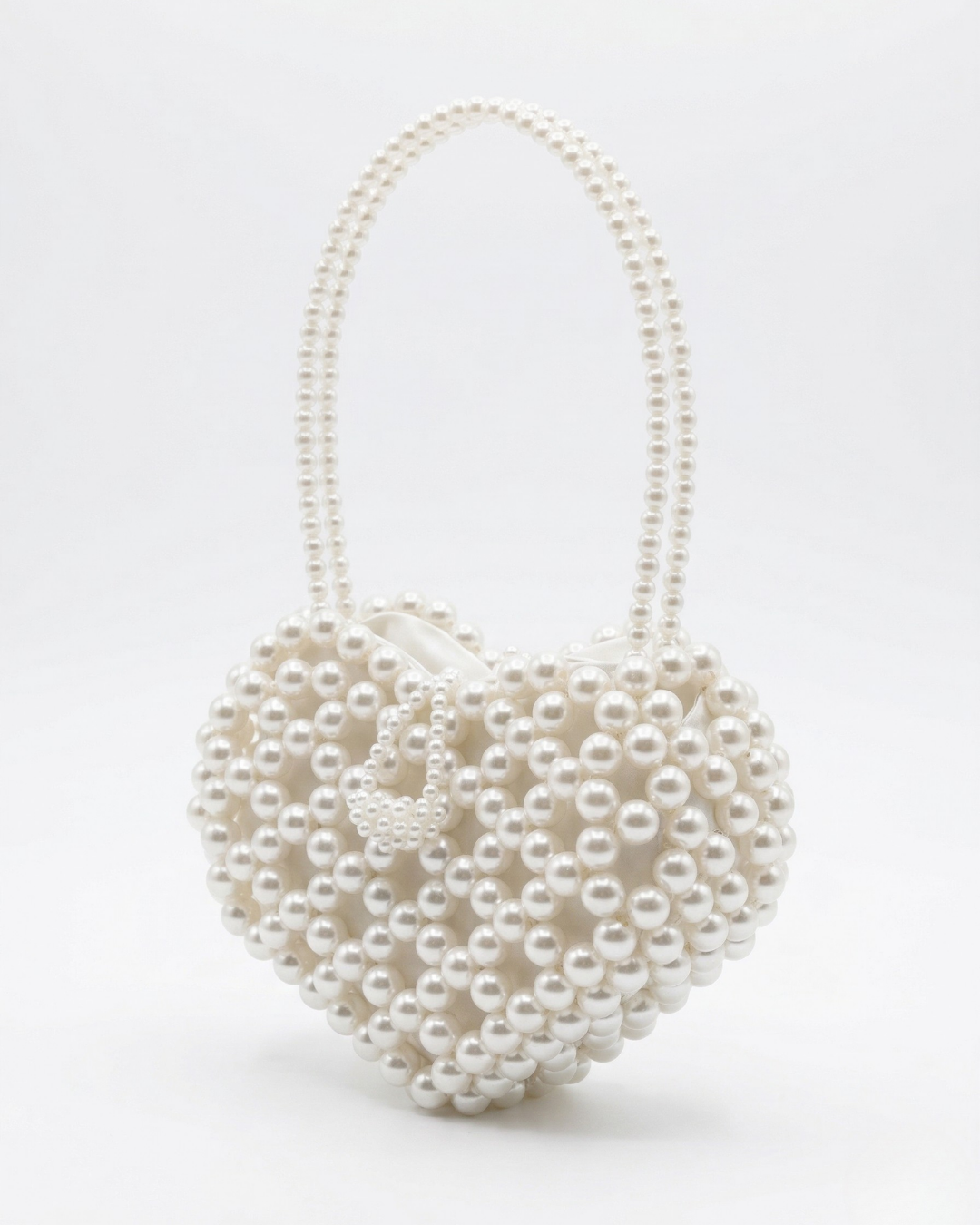 Kalp Şeklinde El Yapımı İnci Boncuklu Çanta - Gelin ve Nikah Çantası