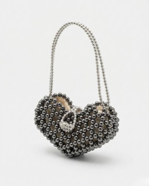 Alternative view of El Yapımı Antrasit Boncuklu Kalp Çanta - Gümüş Detaylı Saten Astarlı Abiye Çanta