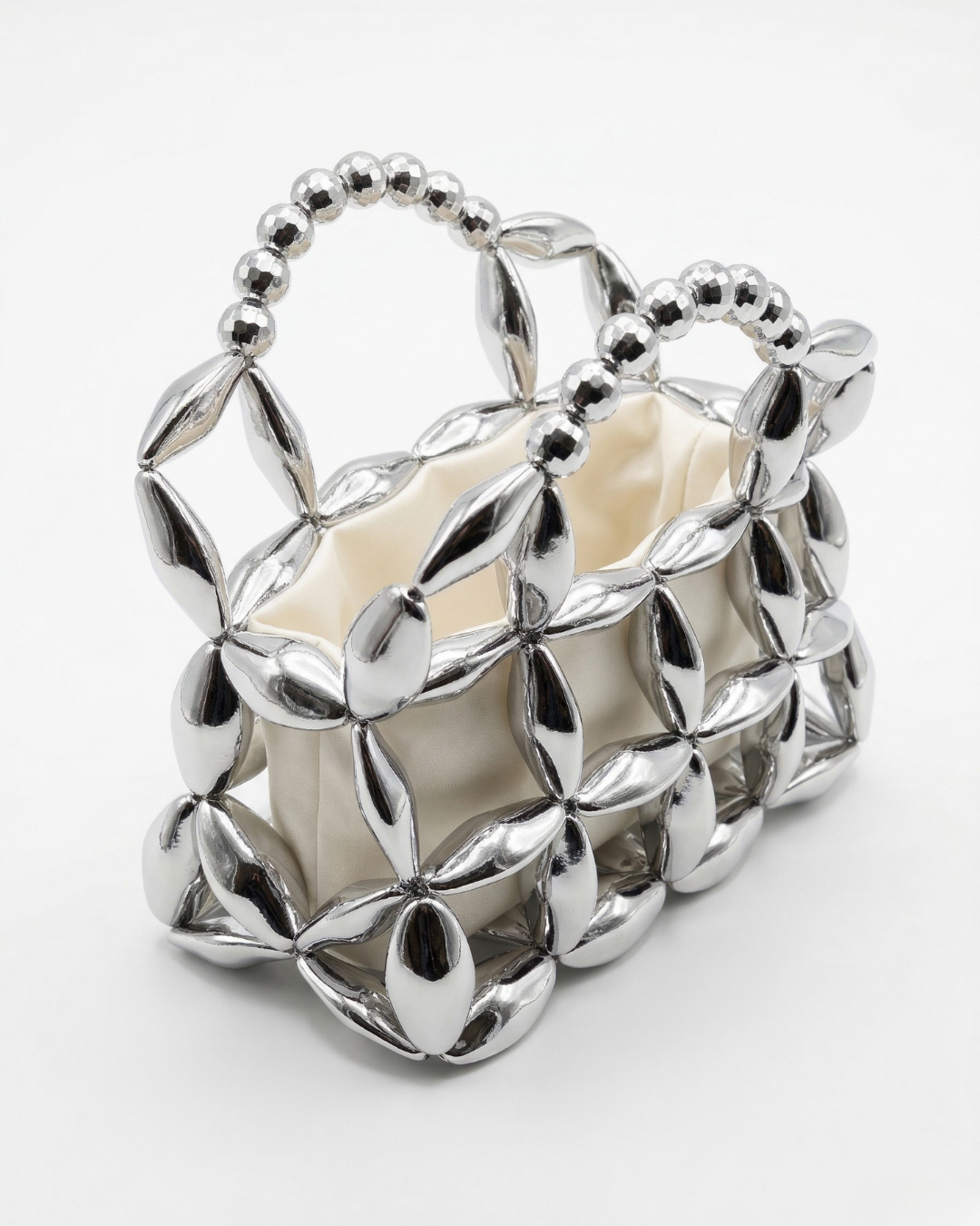 El Yapımı Metalik Gümüş Kafes Çanta - Disko Topu Saplı Saten Astarlı Abiye Çanta