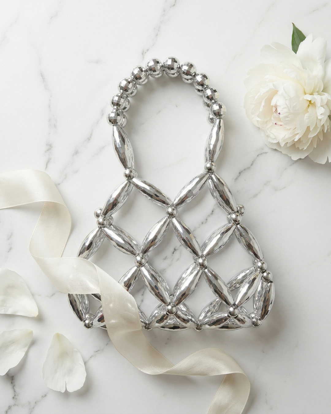 El Yapımı Gümüş Boncuklu Sepet Çanta - Geometrik Çiçek Kafesli Abiye Çanta
