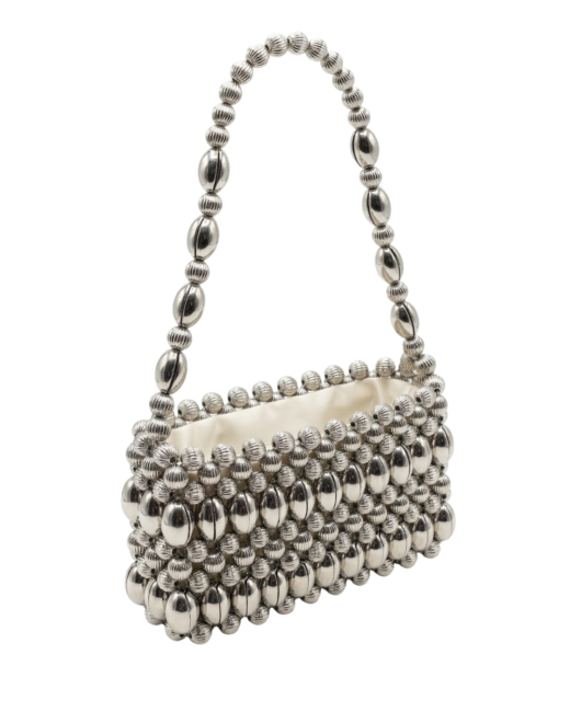 Alternative view of El Yapımı Gümüş Boncuklu Omuz Çantası - Saten Astarlı Retro Abiye Baget Çanta