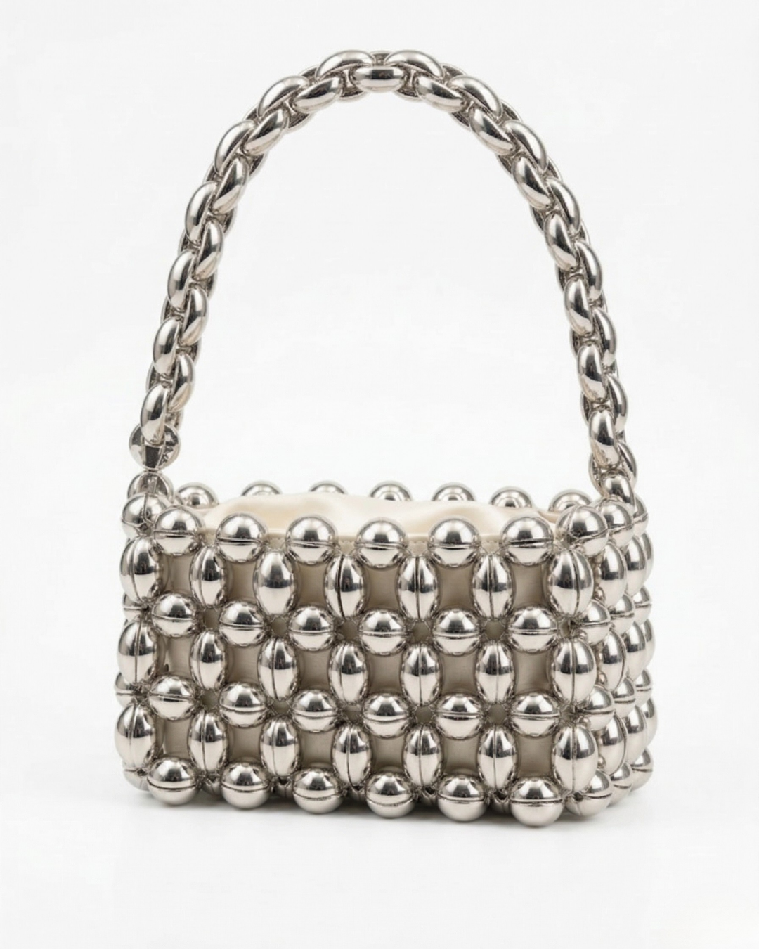 El Yapımı Gümüş Boncuklu Mini Çanta - Saten Astarlı Metalik Abiye Baget