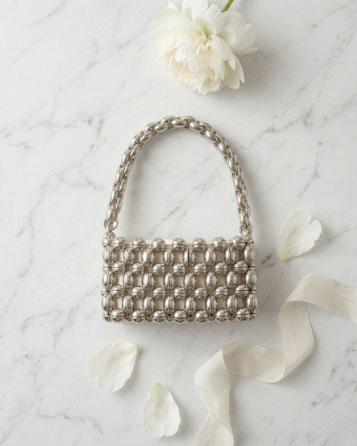 Alternative view of El Yapımı Gümüş Boncuklu Mini Çanta - Saten Astarlı Metalik Abiye Baget