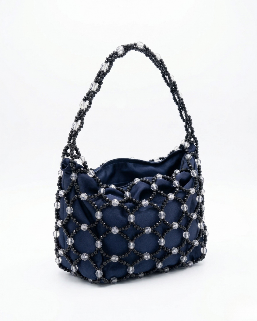 El Yapımı Lacivert Saten ve Siyah Boncuklu Ağ Çanta - Kristal Detaylı Abiye Omuz Çantası