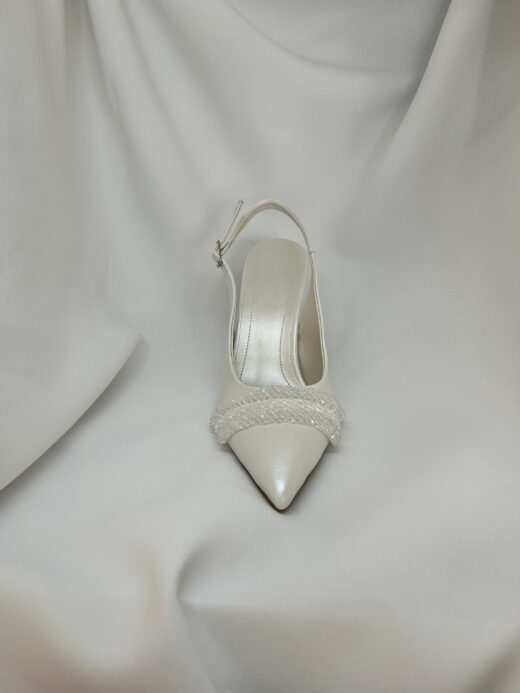 Kişiye Özel Boncuk Detaylı Arkası Açık Stiletto Gelin Ayakkabısı - İnci Beyazı